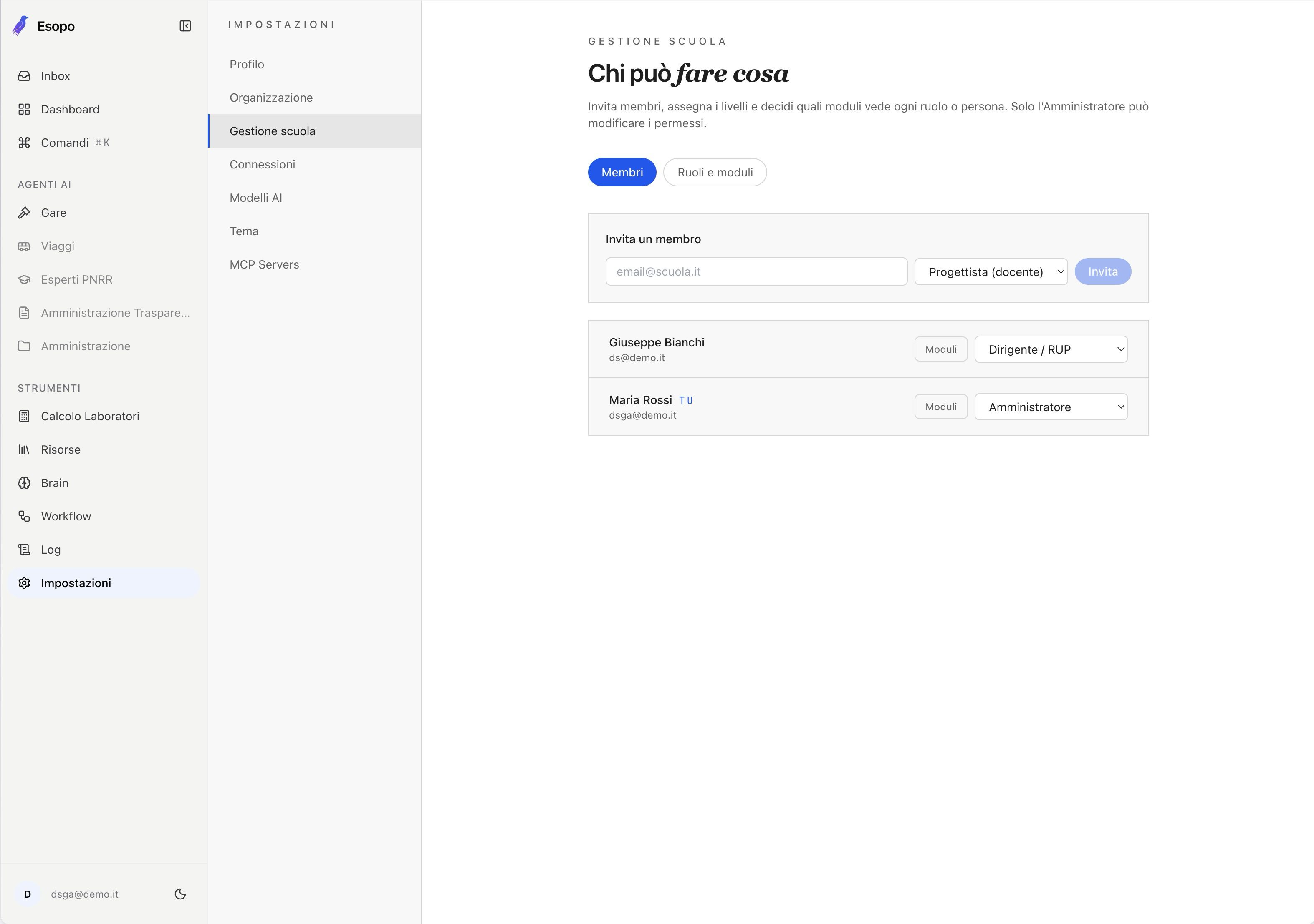 Impostazioni di Esopo: routing dei modelli AI per processo, configurabile dalla scuola