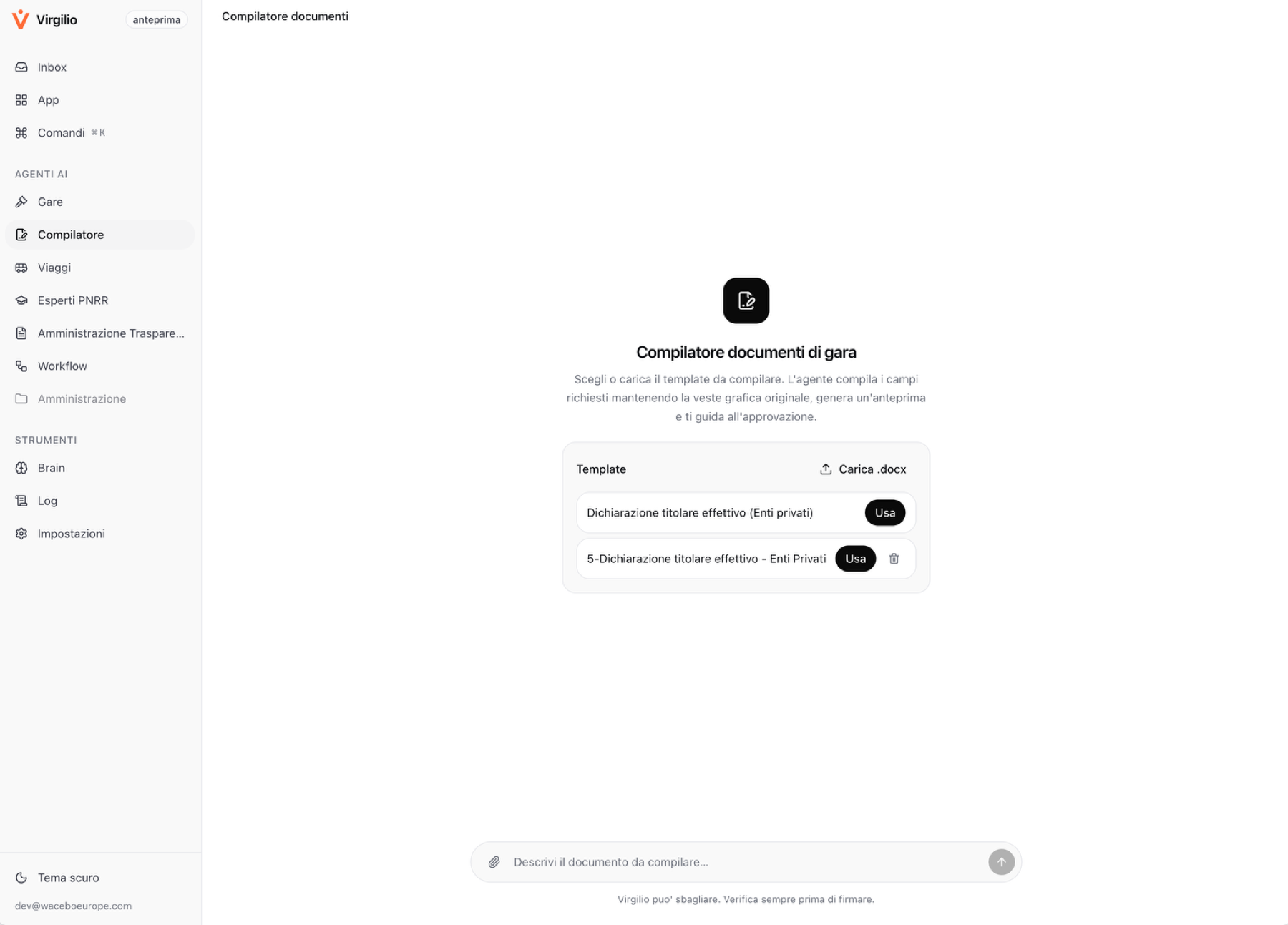 Canvas di compilazione: chat con l'agente a sinistra, documento di gara in costruzione a destra