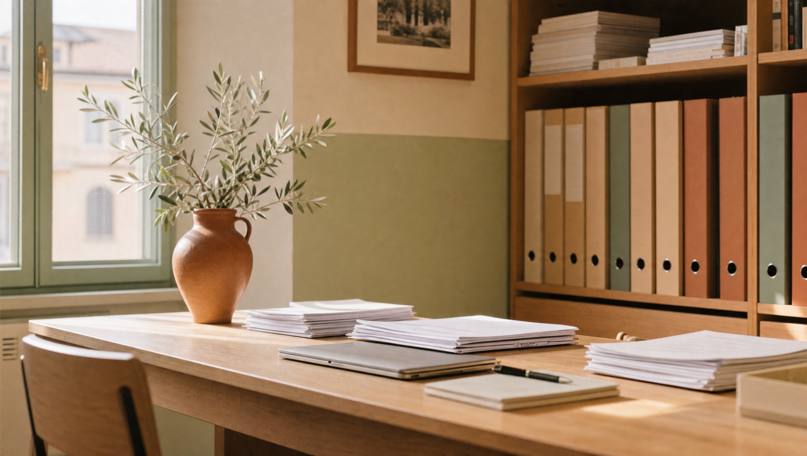 Angolo ordinato di una segreteria scolastica: scrivania in rovere chiaro con documenti e laptop, raccoglitori, ramo d'ulivo in vaso di terracotta, luce naturale del mattino